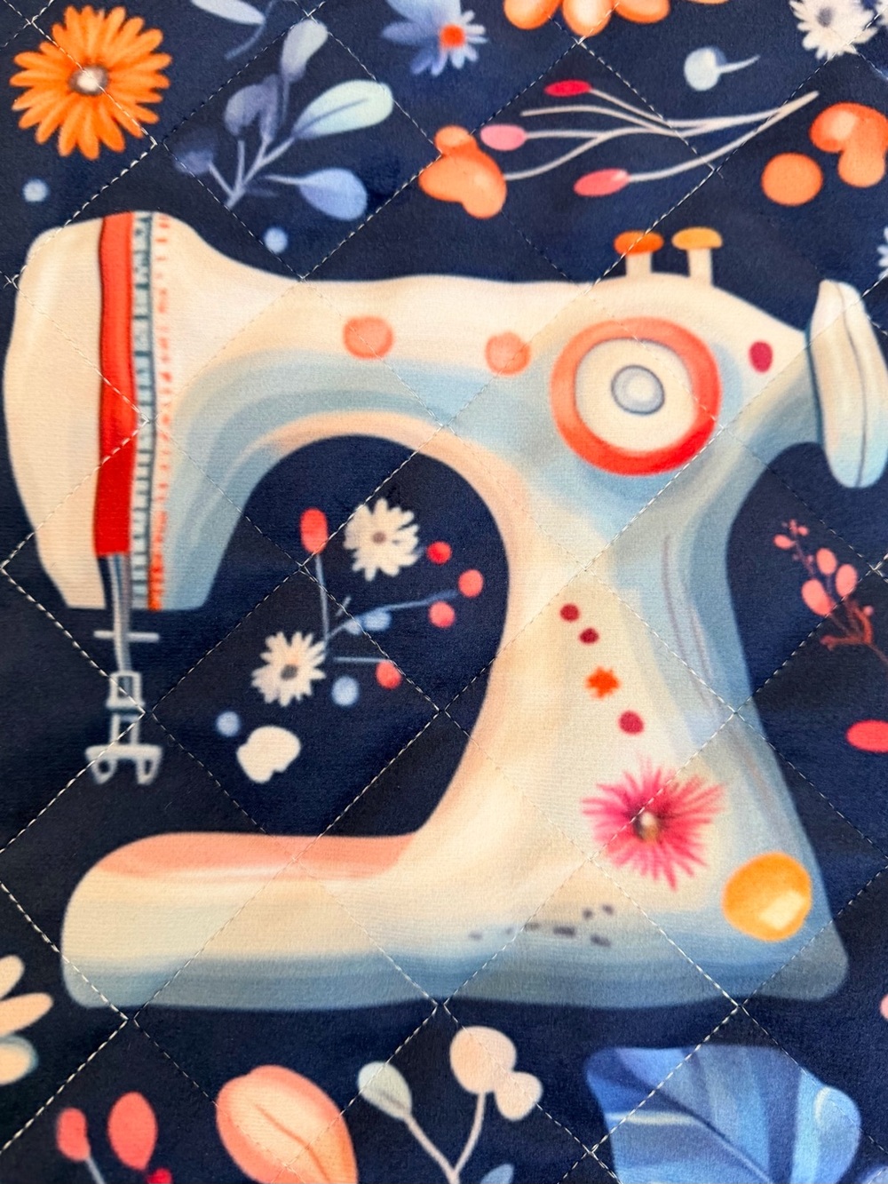 Floral Sewing Machine Mat Pad w/ Storage Pockets Navy Coral Quilted